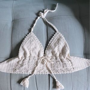 Kendall & Kylie White Crochet Cropped Halter Top